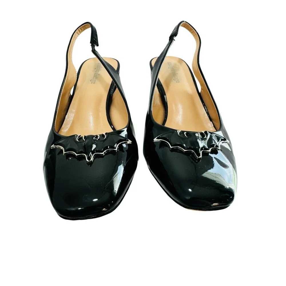 Bat Witchy Preppy Patent‎ Leather Slingback Square Toe Pumps 10 Block Heel Black